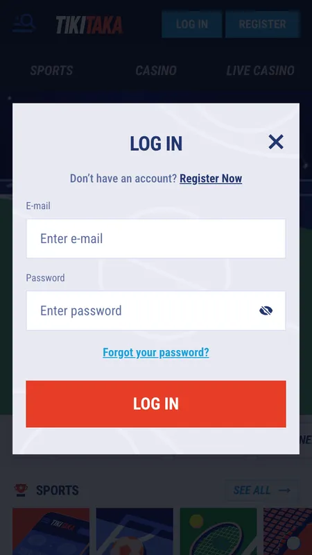 TikiTaka Casino login form